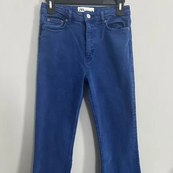 Zara Women’s Jeans Size 4 Juno Blue High Waist Skinny Flare Raw Hem - Picture 2 of 5